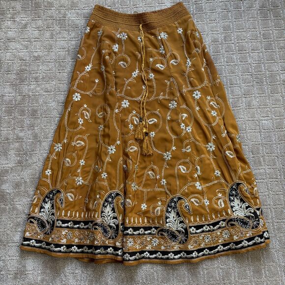 Soft Surroundings Embellished Embroidered Maxi Skirt Women M Mustard Yellow Boho - Picture 1 of 8